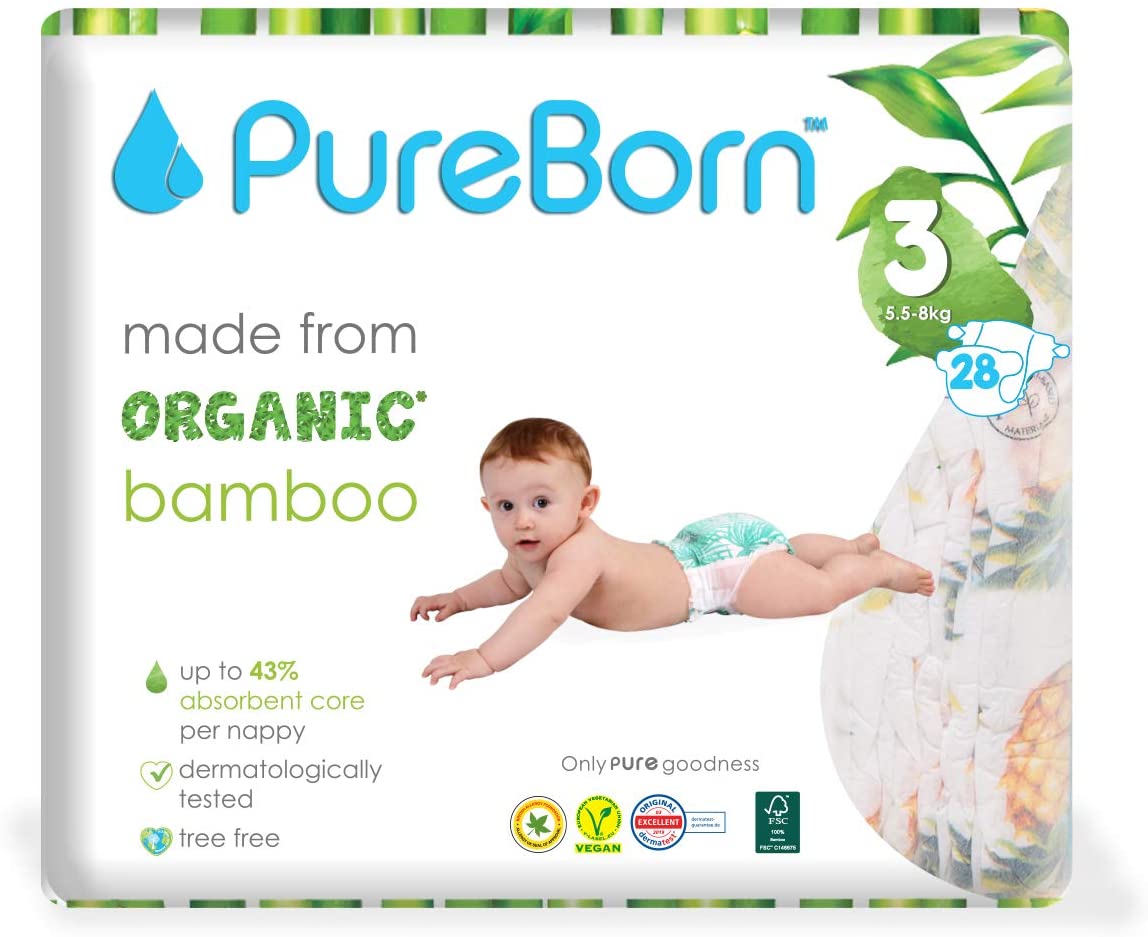 Pure Born Organic Bamboo Diapers Size 3- (Pack of 28)