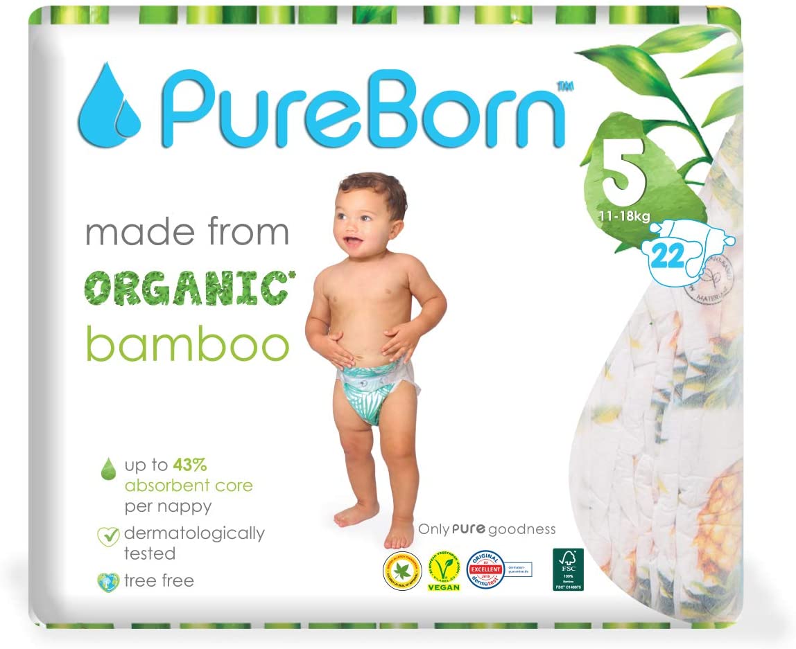 Pure Born Organic Bamboo Diapers Size 5- (Pack of 22)