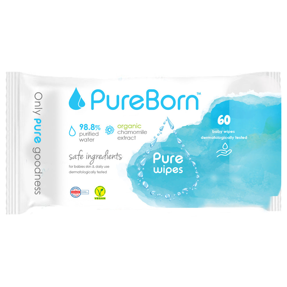 PureBorn مناديل مبللة نقية بالقطن العضوي ومستخلص البابونج، 60 منديل PureBorn مناديل مبللة نقية بالقطن العضوي ومستخلص البابونج، 60 منديل