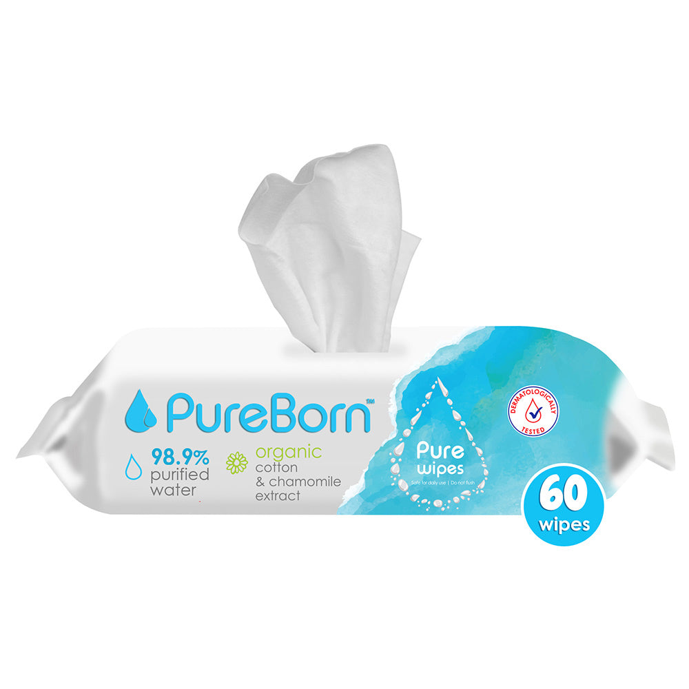 PureBorn مناديل مبللة نقية بالقطن العضوي ومستخلص البابونج، 60 منديل PureBorn مناديل مبللة نقية بالقطن العضوي ومستخلص البابونج، 60 منديل