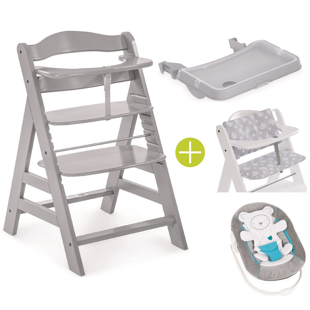 Hauck Alpha Plus & Tray & Bouncer 2-In-1 Bear Hearts & Highchair pad Deluxe Teddy (Grey)