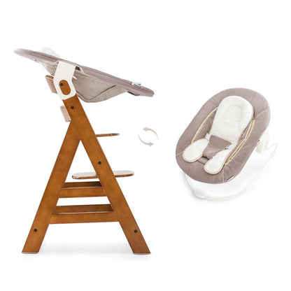 Hauck Alpha Plus Walnut & Tray (White) & Bouncer 2-In-1 Stretch (Beige)