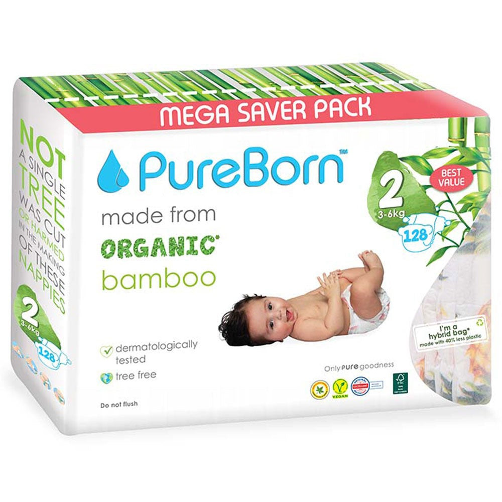 Pure Born Organic Bamboo Diapers Size 2 - (Pack of 128)