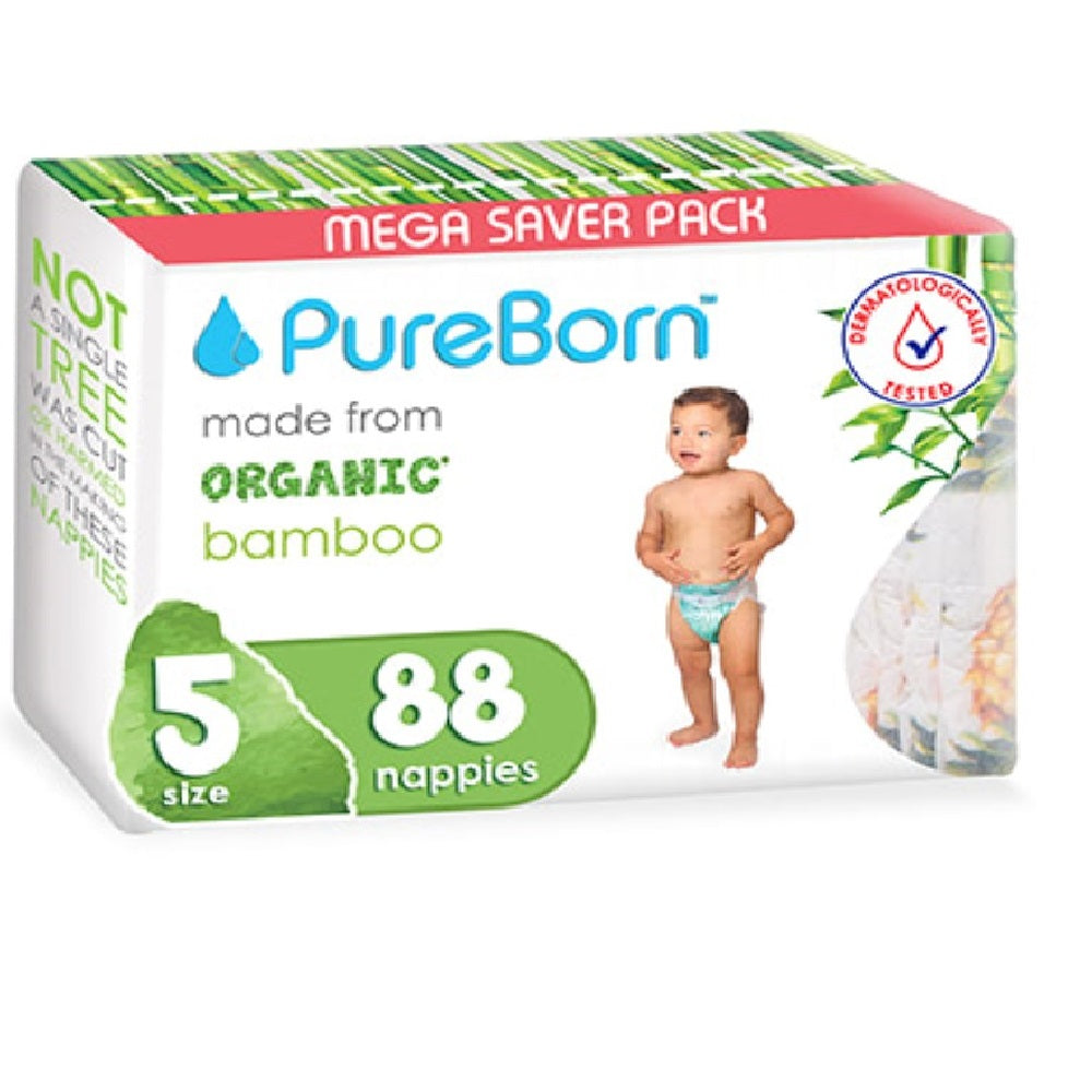 Pure Born Organic Bamboo Diapers Size 5 - (Pack of 88)