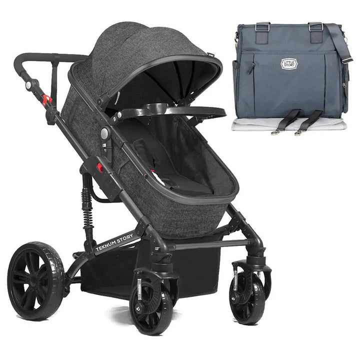 Teknum - 3 in 1 Story Pram Stroller and Diaper Bag Bundle (Space Grey)