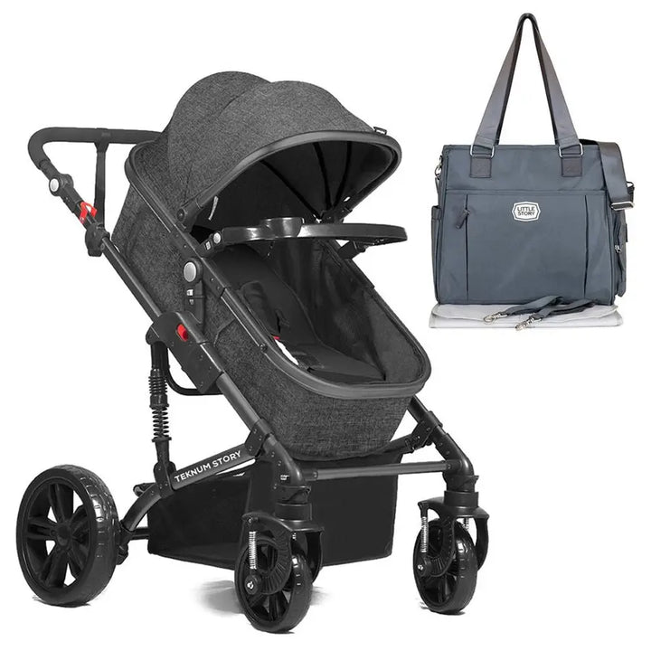 Teknum - 3 in 1 Story Pram Stroller and Diaper Bag Bundle (Space Grey)