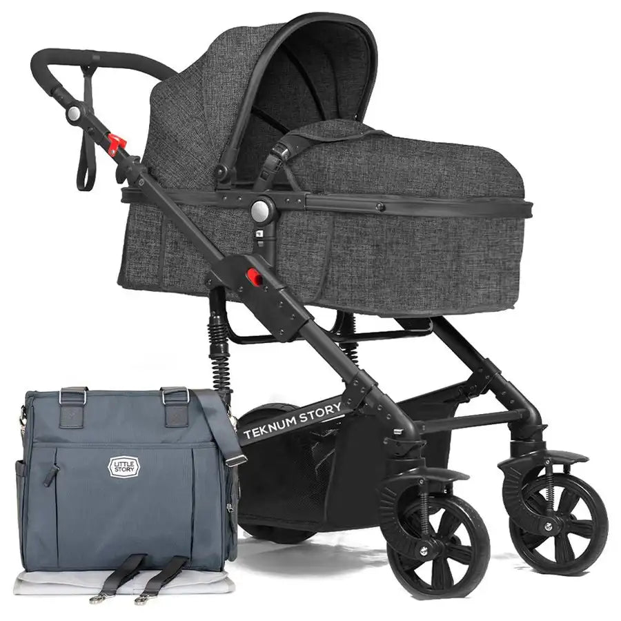 Teknum 3 in 1 Story Pram Stroller and Diaper Bag Bundle (Space Grey)