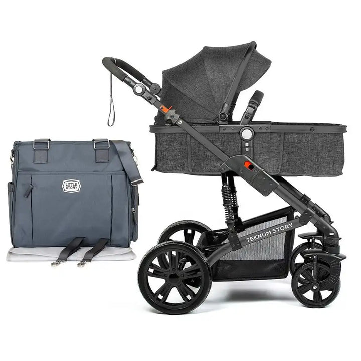 Teknum - 3 in 1 Story Pram Stroller and Diaper Bag Bundle (Space Grey)