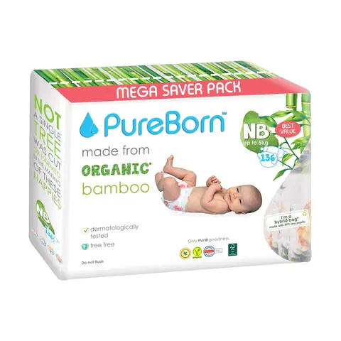 Pure Born Organic Bamboo Diapers New Born - (Pack of 136)