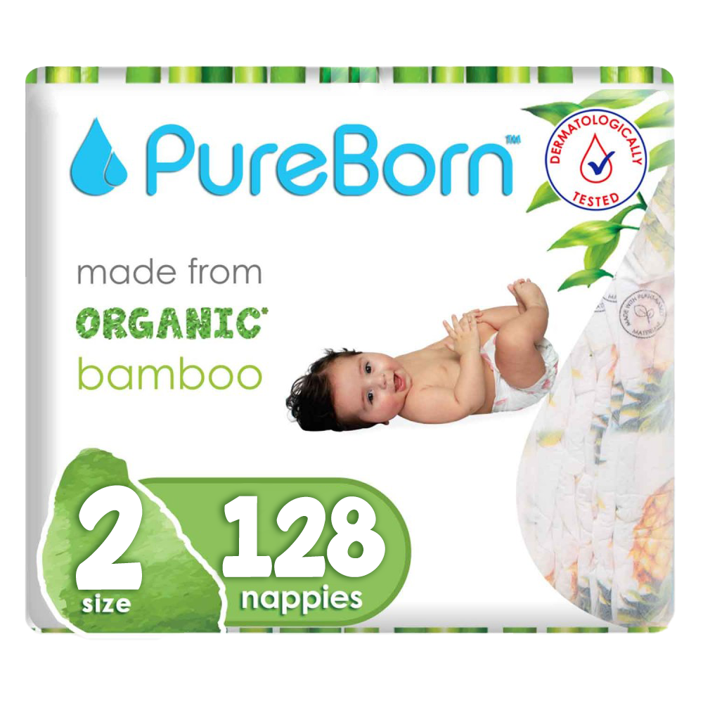 حفاضات PureBorn العضوية المصنوعة من الخيزران مقاس 2 - (عبوة من 128 قطعة)