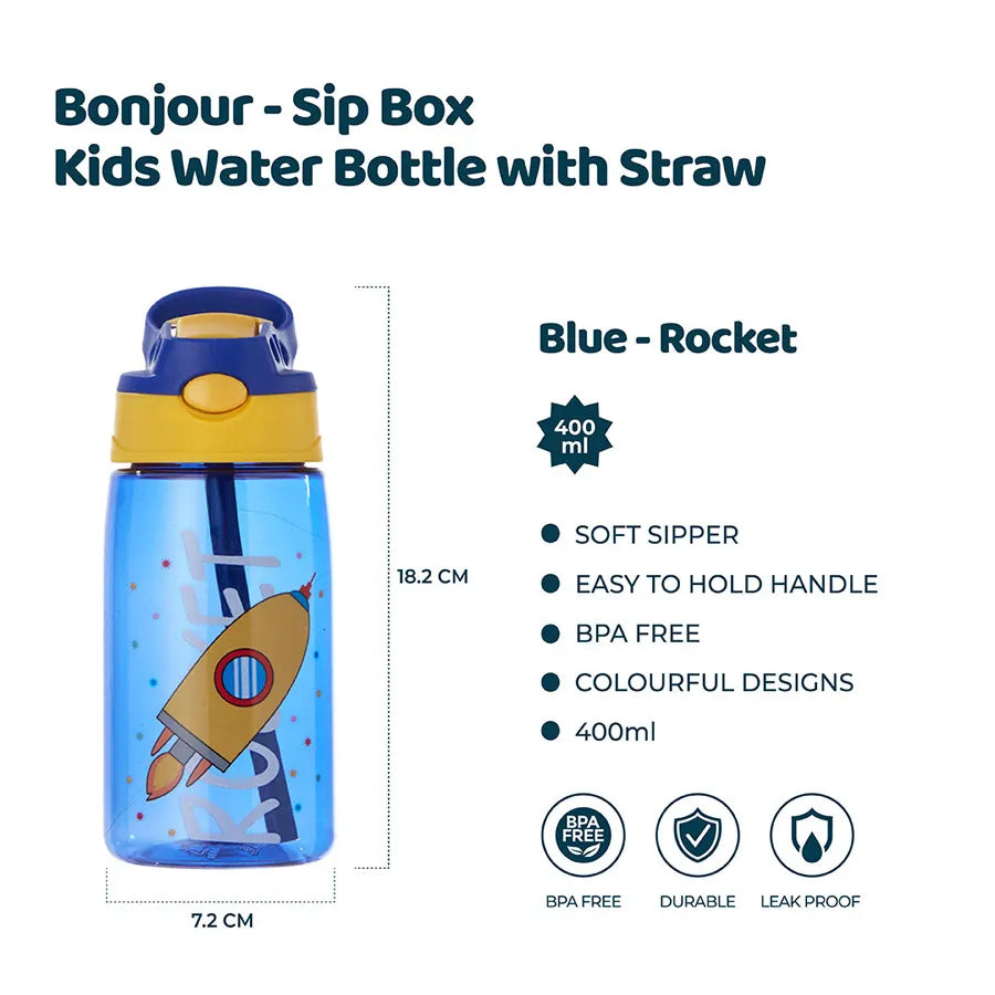 Bonjour Sip Box Kids Water Bottle with Straw Leakproof and Spill proof - 480 ml (Blue Rocket)