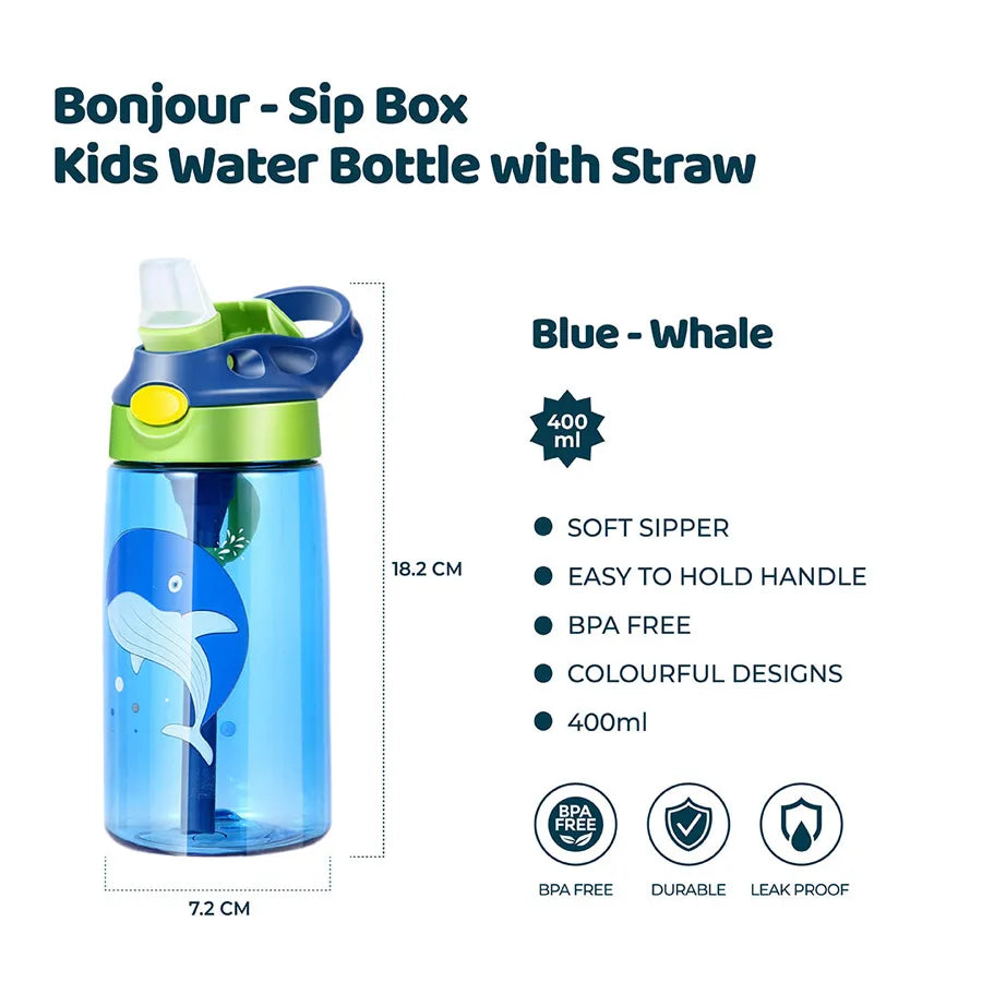 Bonjour Sip Box Kids Water Bottle with Straw Leakproof and Spill proof - 450 ml (Blue Whale)