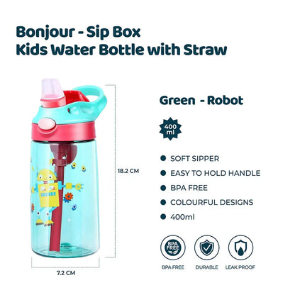 Bonjour Sip Box Kids Water Bottle 450ml with Straw (Green Robot)