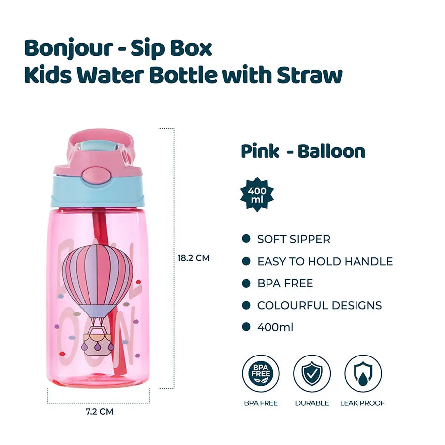 Bonjour Sip Box Kids Water Bottle with Straw Leakproof and Spill proof - 450 ml (Pink Balloon)