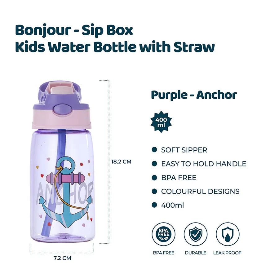 Bonjour Sip Box Kids Water Bottle with Straw Leakproof and Spill proof - 450 ml (Purple Anchor)