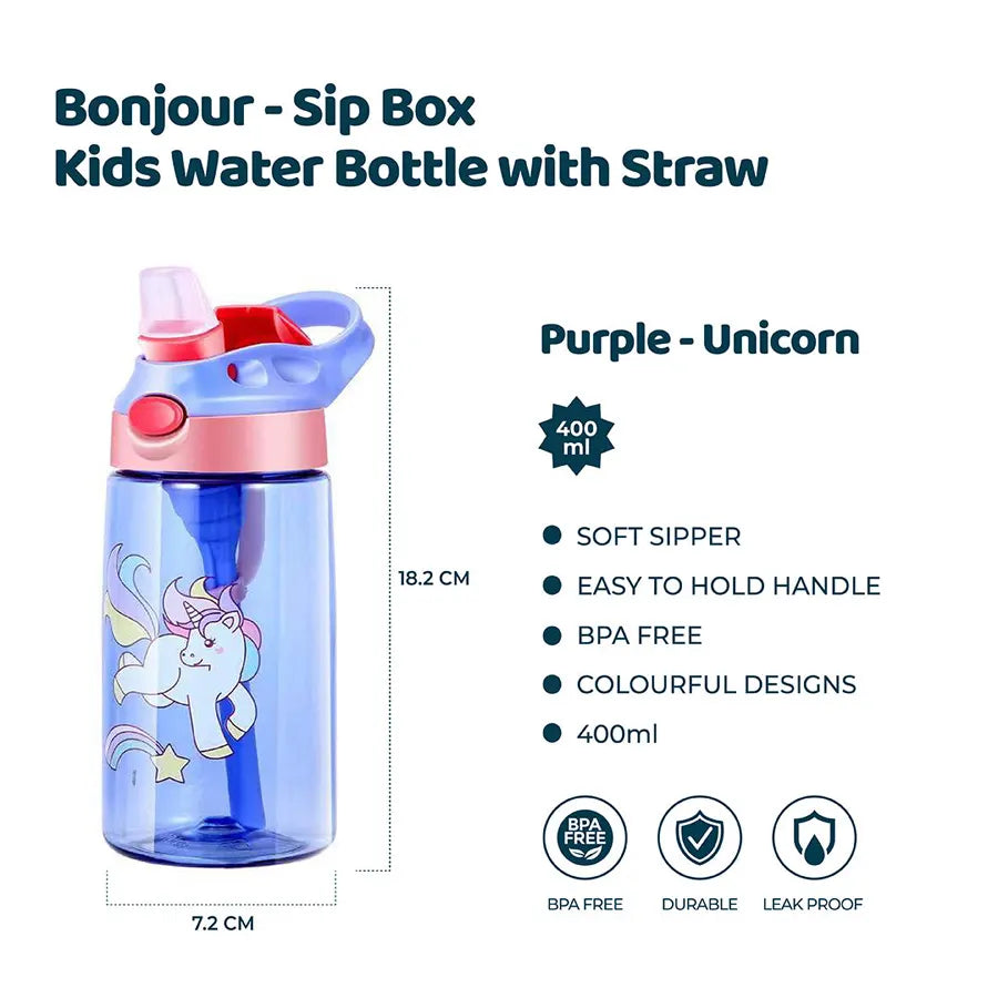 Bonjour Sip Box Kids Water Bottle with Straw Leakproof and Spill proof - 450 ml (Purple Unicorn)