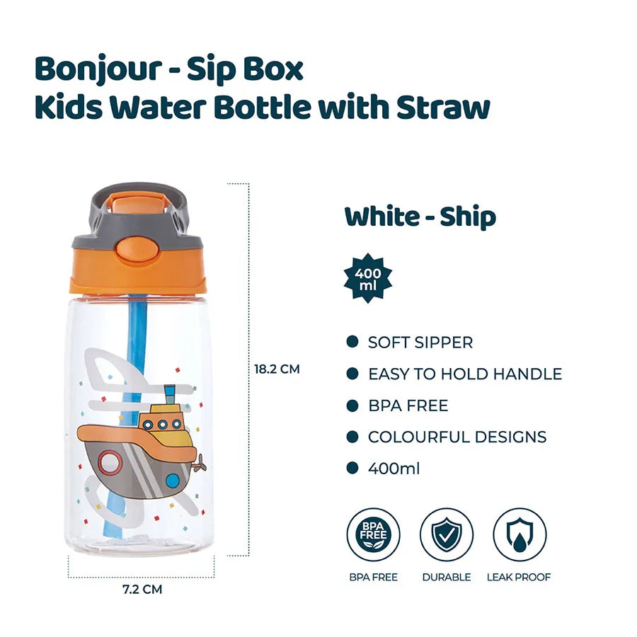 Bonjour Sip Box Kids Water Bottle with Straw Leakproof and Spill proof - 450 ml (White Ship)