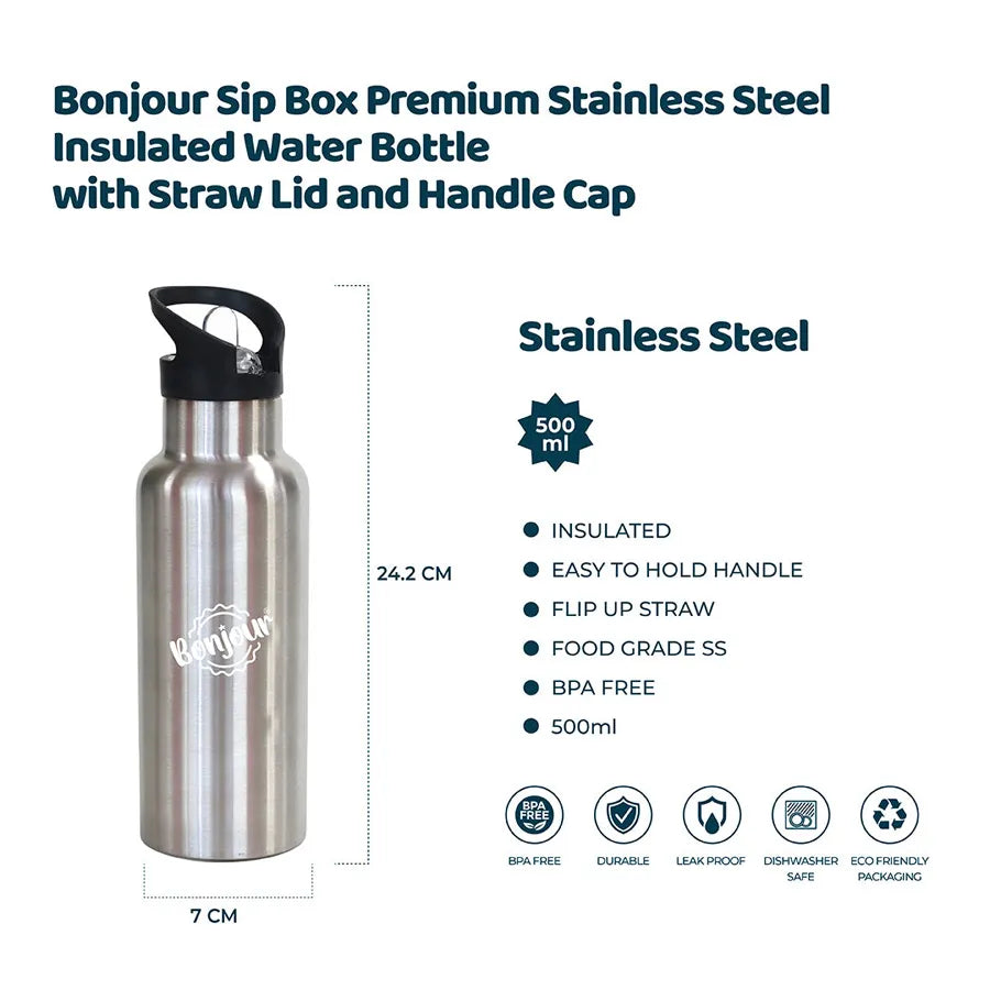 زجاجة مياه معزولة من الفولاذ المقاوم للصدأ فاخرة من Bonjour Sip Box مع غطاء من القش وغطاء مقبض 500 مل، خالية من مادة BPA (رمادي فولاذي) زجاجة مياه معزولة من الفولاذ المقاوم للصدأ فاخرة من Bonjour Sip Box مع غطاء من القش وغطاء مقبض 500 مل، خالية من مادة BPA (رمادي فولاذي)
