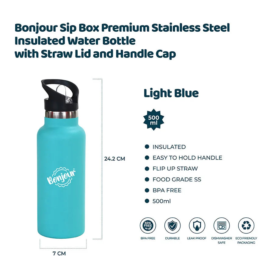 Bonjour Sip Box Premium Stainless Steel Insulated Water Bottle with Straw Lid and Handle Cap 500 ml,BPA-Free (Light blue)