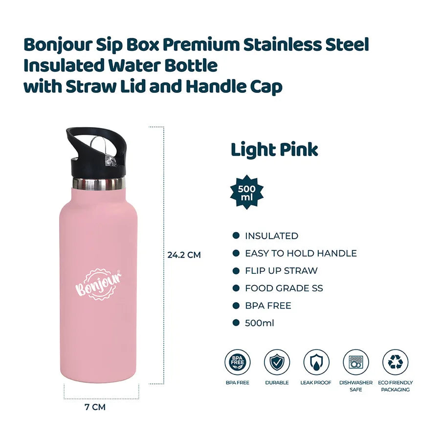 Bonjour Sip Box Premium Stainless Steel Insulated Water Bottle with Straw Lid and Handle Cap 500 ml,BPA-Free (Light Pink)