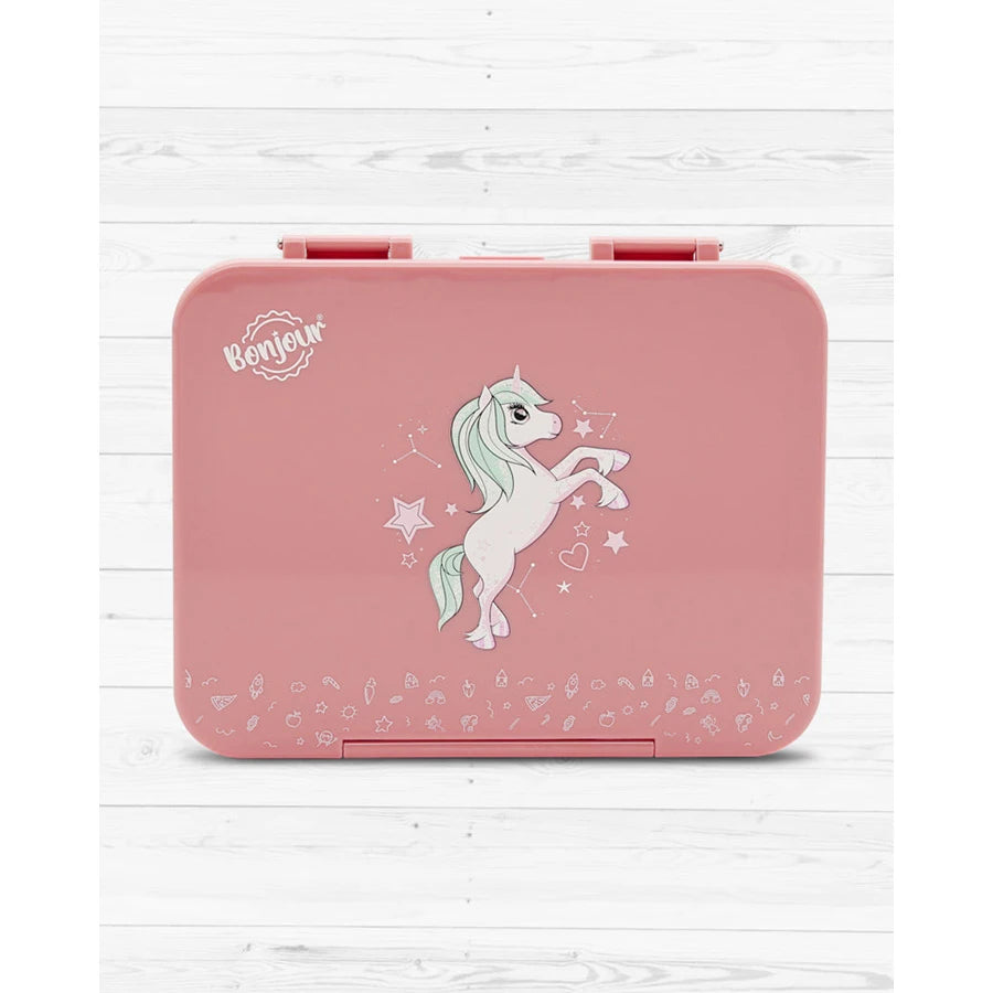 Bonjour Tiff Box Uni Clip Bento Lunch Box, 6/4 Compartments (Pink Unicorn)