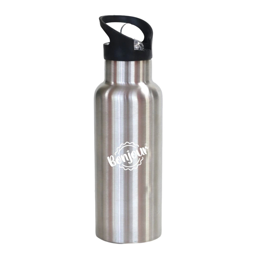 Bonjour Sip Box Premium Stainless Steel Insulated Water Bottle with Straw Lid and Handle Cap 500 ml,BPA-Free ( Steel Grey )