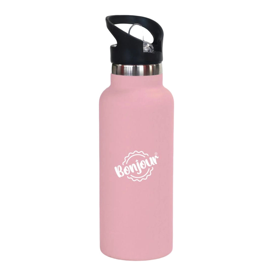 Bonjour Sip Box Premium Stainless Steel Insulated Water Bottle with Straw Lid and Handle Cap 500 ml,BPA-Free (Light Pink)