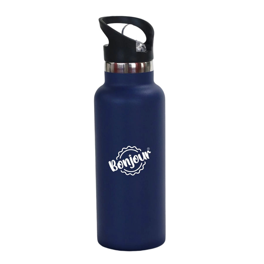 Bonjour Sip Box Premium Stainless Steel Insulated Water Bottle with Straw Lid and Handle Cap 500 ml,BPA-Free (Navy Blue)