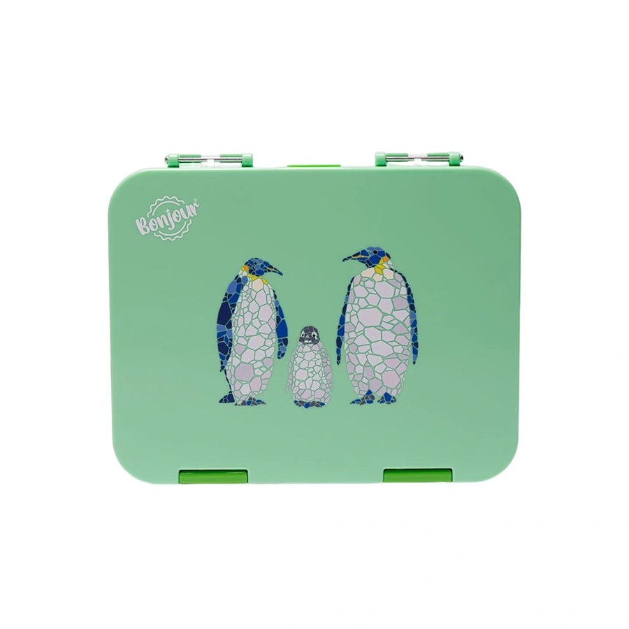 Bonjour Tiff Box Dual Clip Bento Lunch Box, 6/4 Compartments (Green Penguin)