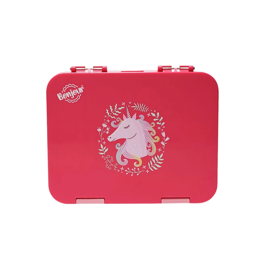 Bonjour Tiff Box Dual Clip Bento Lunch Box, 6/4 Compartments (Pink Unicorn)