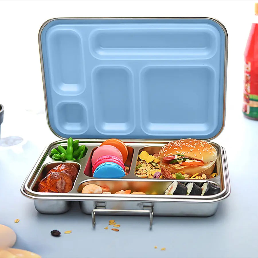 Bonjour Stainless Steel Lunch Box, 5 Compartments (Blue Lid)