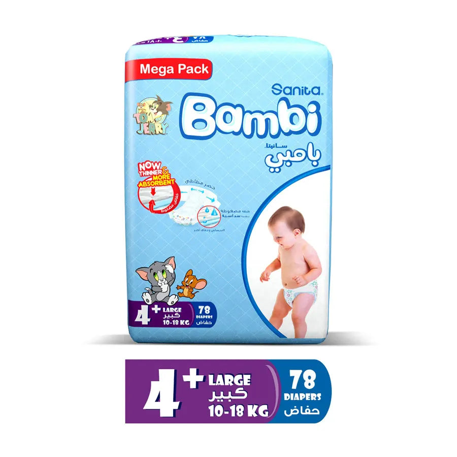 Bambi Baby Diapers Mega Pack Size 4+, Large plus, 10-18 kg - 78's