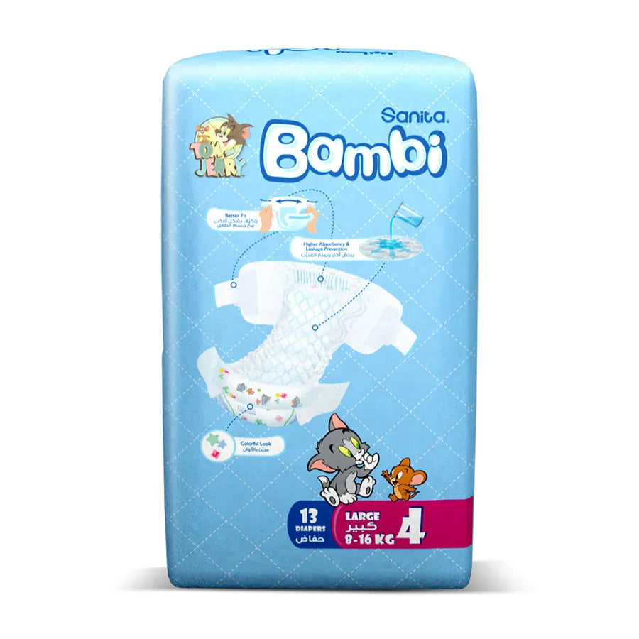 Bambi Baby Diapers Regular Pack Size 4, Large, 8-16 kg - 13's