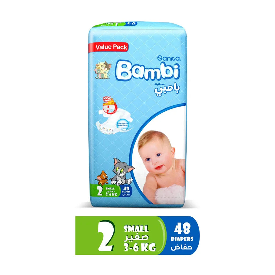 Bambi Baby Diapers Value Pack Size 2, Small, 3-6 kg - 48's