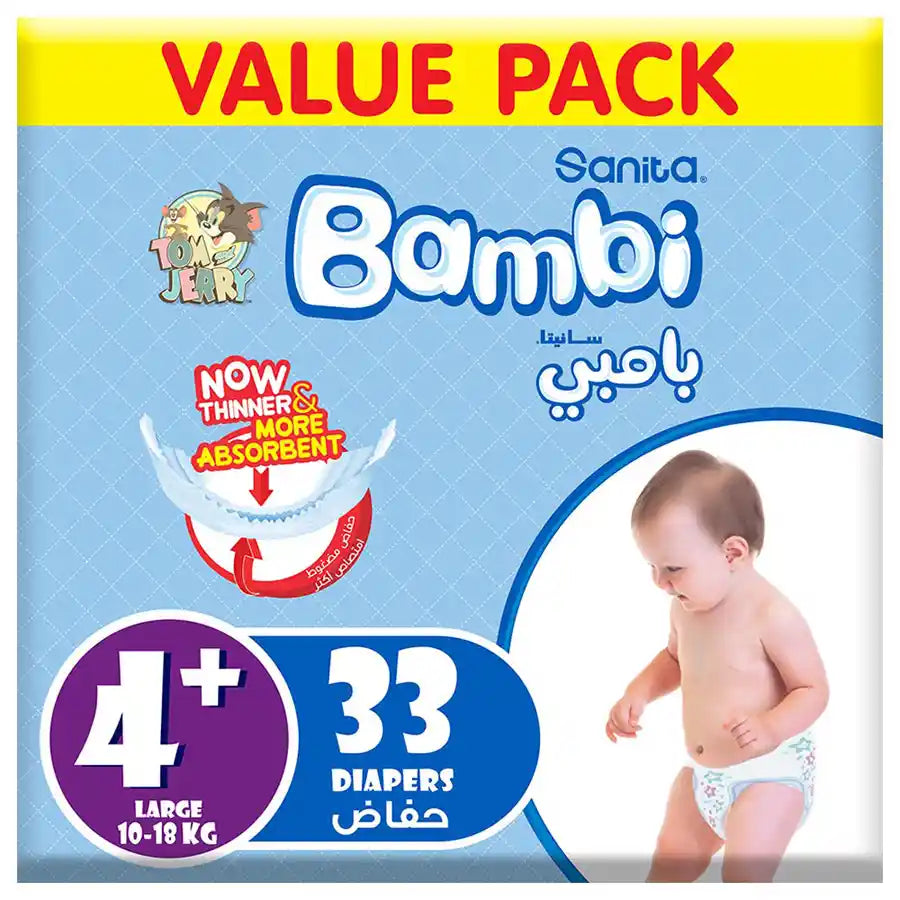 Bambi Baby Diapers Value Pack Size 4+, Large plus, 10-18 kg - 33's