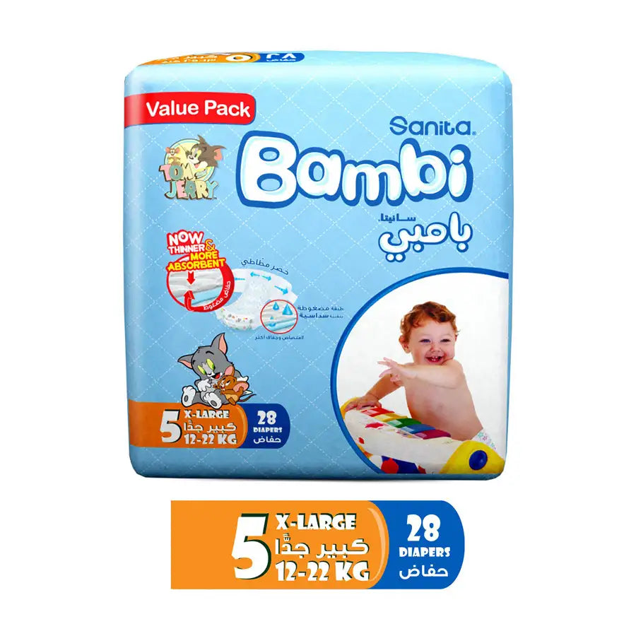 Bambi Baby Diapers Value Pack Size 5, X-Large, 12-22 kg - 28's