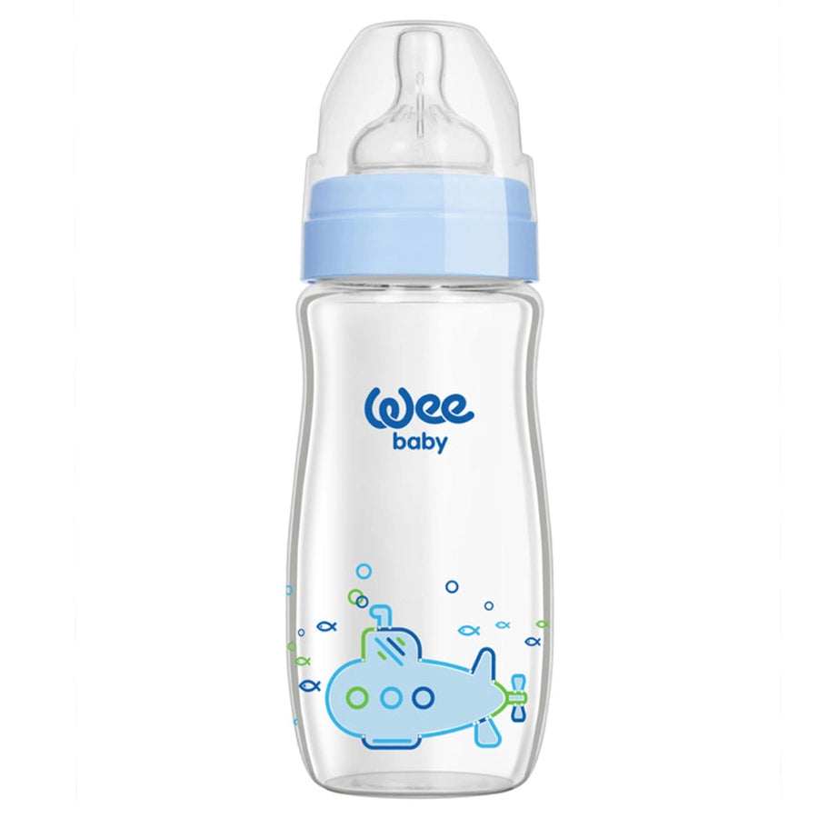 Wee Baby - Heat Resistant Patterned Classical + Wide Neck Glass Feeding Bottle 280 ml (0-6M)