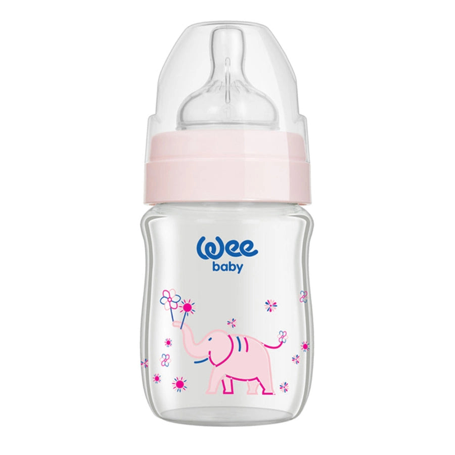 Wee Baby - Heat Resistant Patterned Classical + Wide Neck Glass Feeding Bottle 120 ml (0-6M)