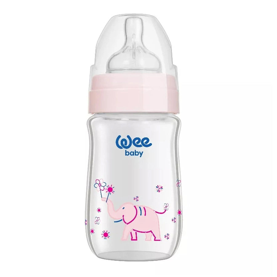 Wee Baby - Heat Resistant Patterned  Classical + Wide Neck Glass Feeding Bottle 180 ml (0-6M)