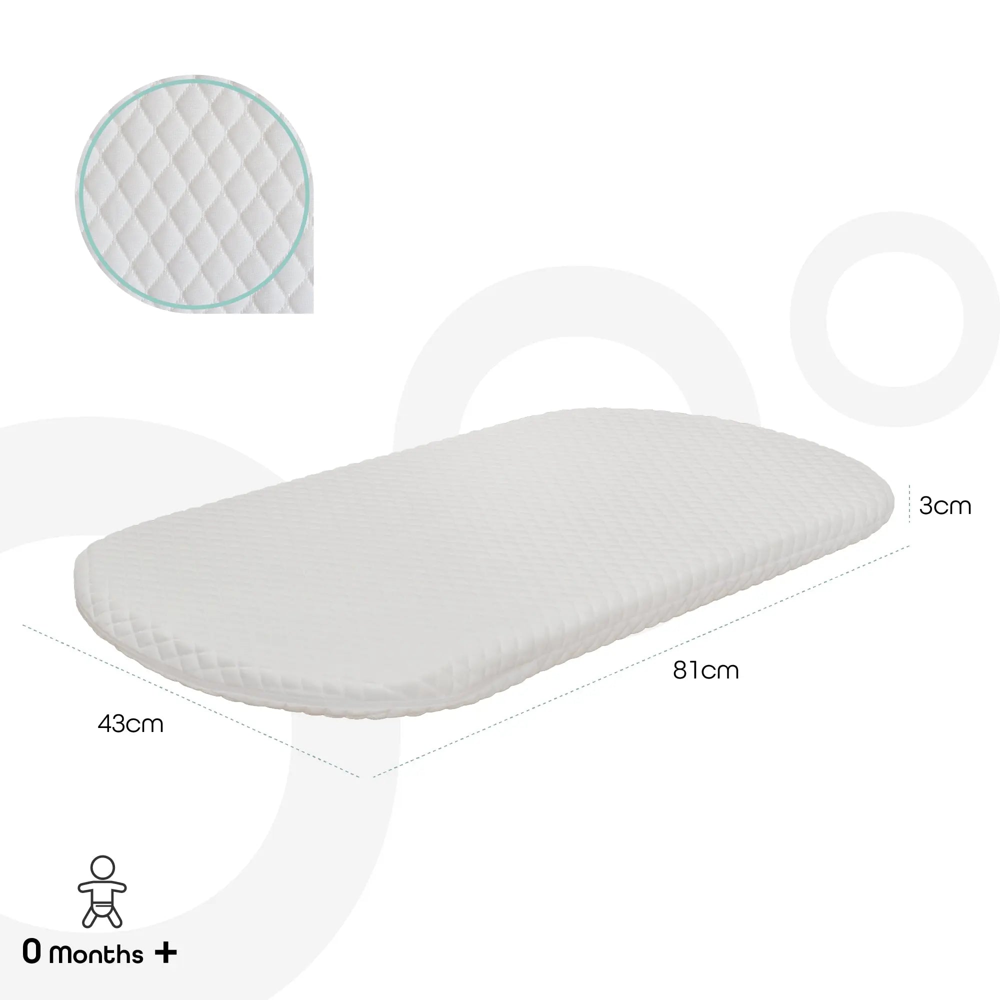 <tc>مون - مرتبة سرير الأطفال والمهد - 81 × 43 × 3 سم - مرتبة طفل صغير، غطاء قابل للإزالة (أبيض)</tc>