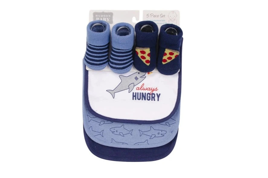 Hudson Baby - Bib & Socks - Set of 5 (Hungry Shark)