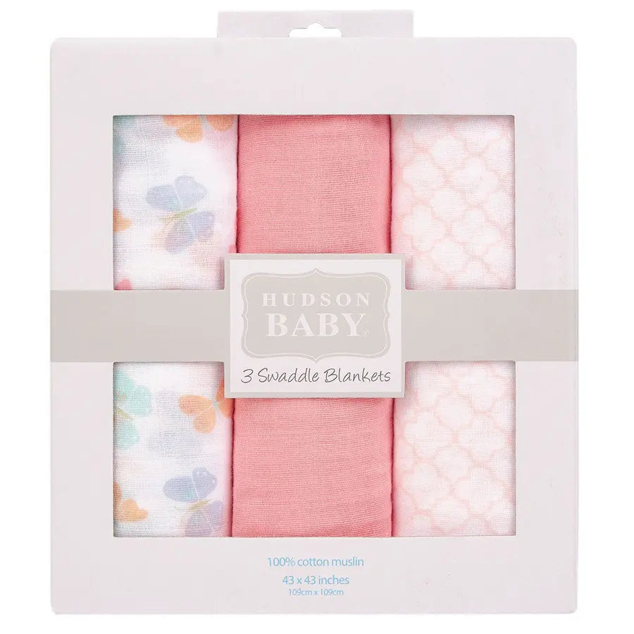 Hudson Baby Muslin Swaddle Blanket Gift 3pc - Butterfly