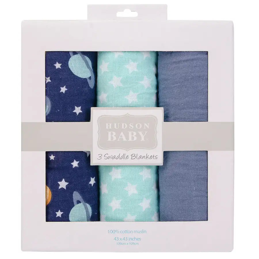 Hudson Baby Muslin Swaddle Blanket Gift 3pc - Space