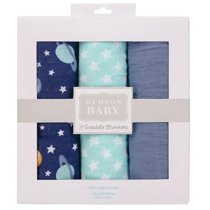 Hudson Baby Muslin Swaddle Blanket Gift 3pc - Space