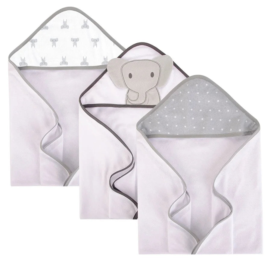 Hudson Baby - Knit Terry Hooded Towel 3pc - Grey Modern Elephant