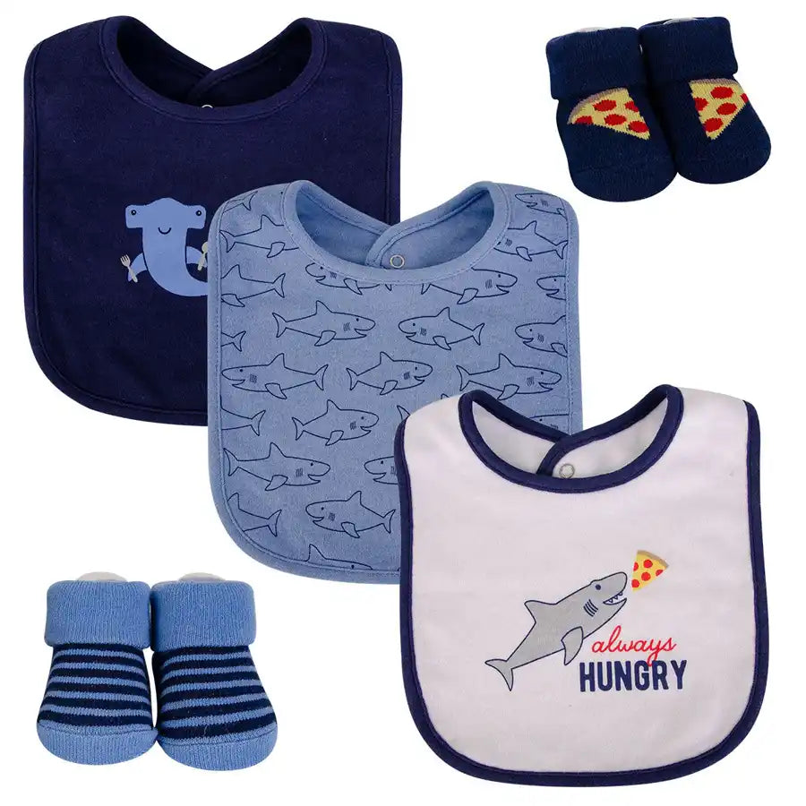 Hudson Baby - Bib & Socks - Set of 5 (Hungry Shark)