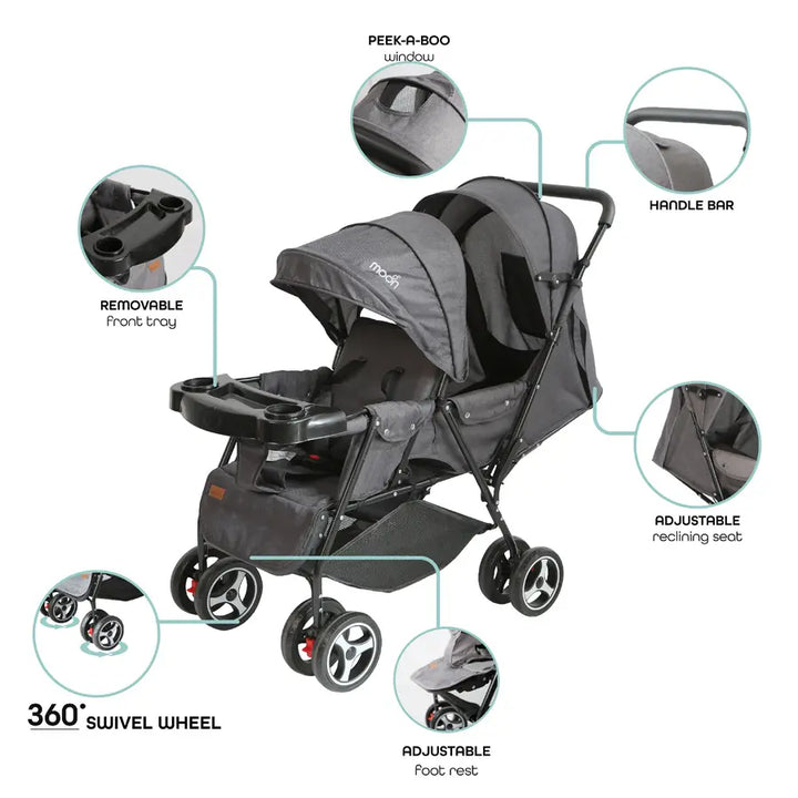 Moon Magnum Tandem Easy Fold Twin Travel Stroller (Black + Grey dots)