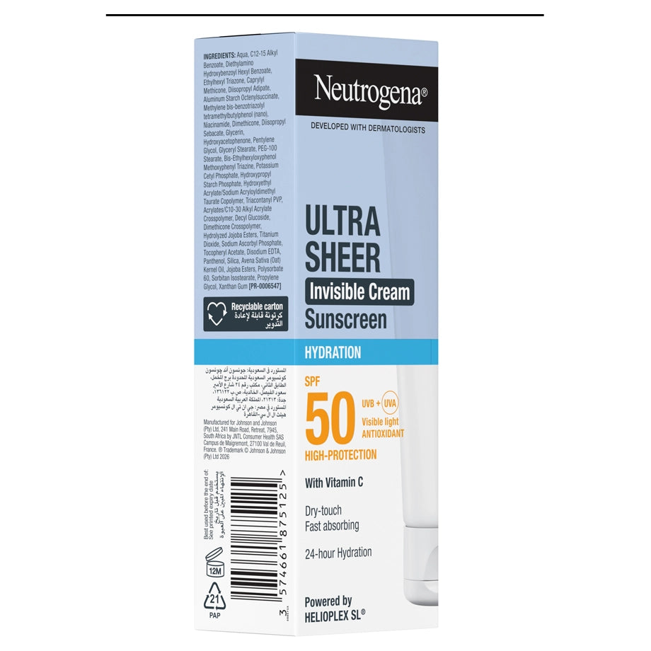Neutrogena Ultra Sheer Cream Sunscreen SPF50 Hydration 50ml