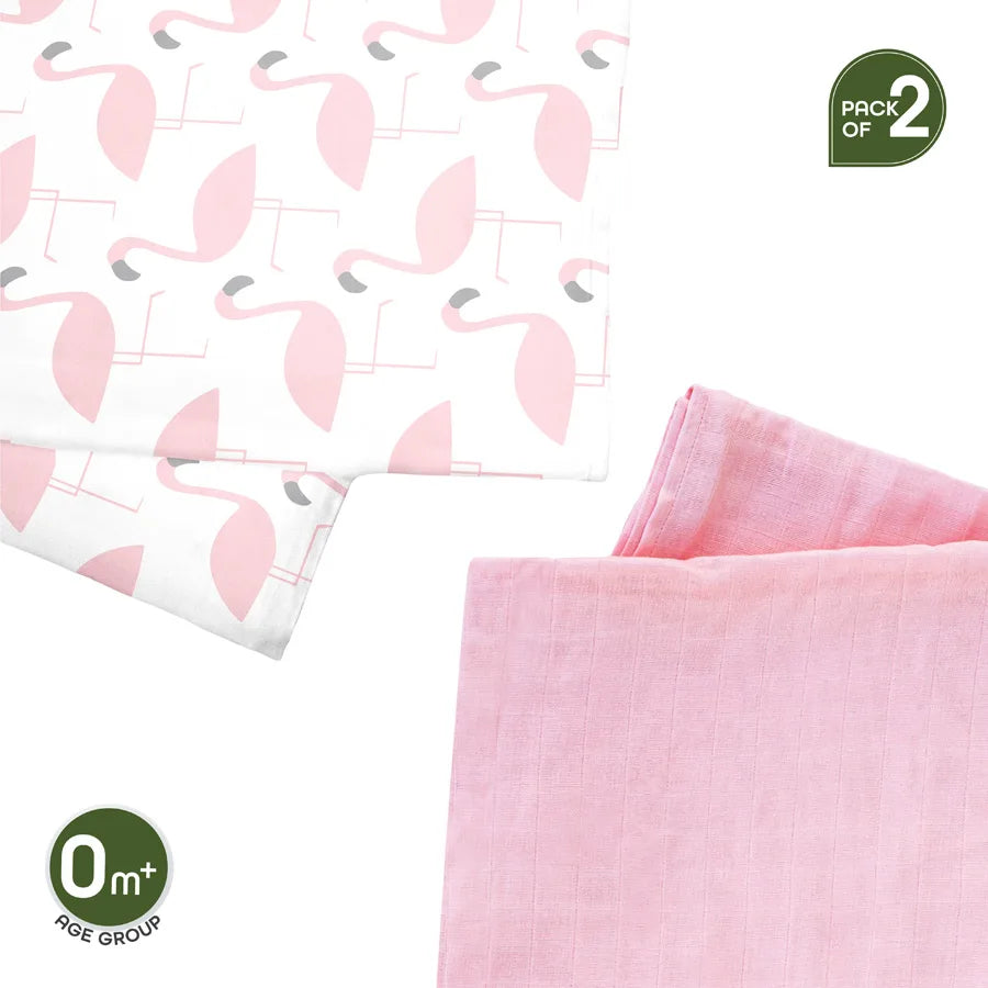 Moon - Bamboo Muslin Wrap/ Swaddle (Flamingo Print & Pink)