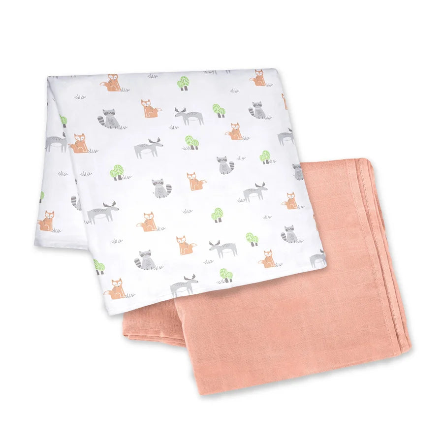 Moon - Bamboo Muslin Wrap/ Swaddle (Forest Print & Peach)